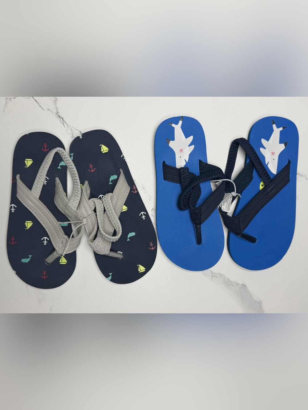 Kids Blue Shark and Navy Anchor Flip Flop Sandals